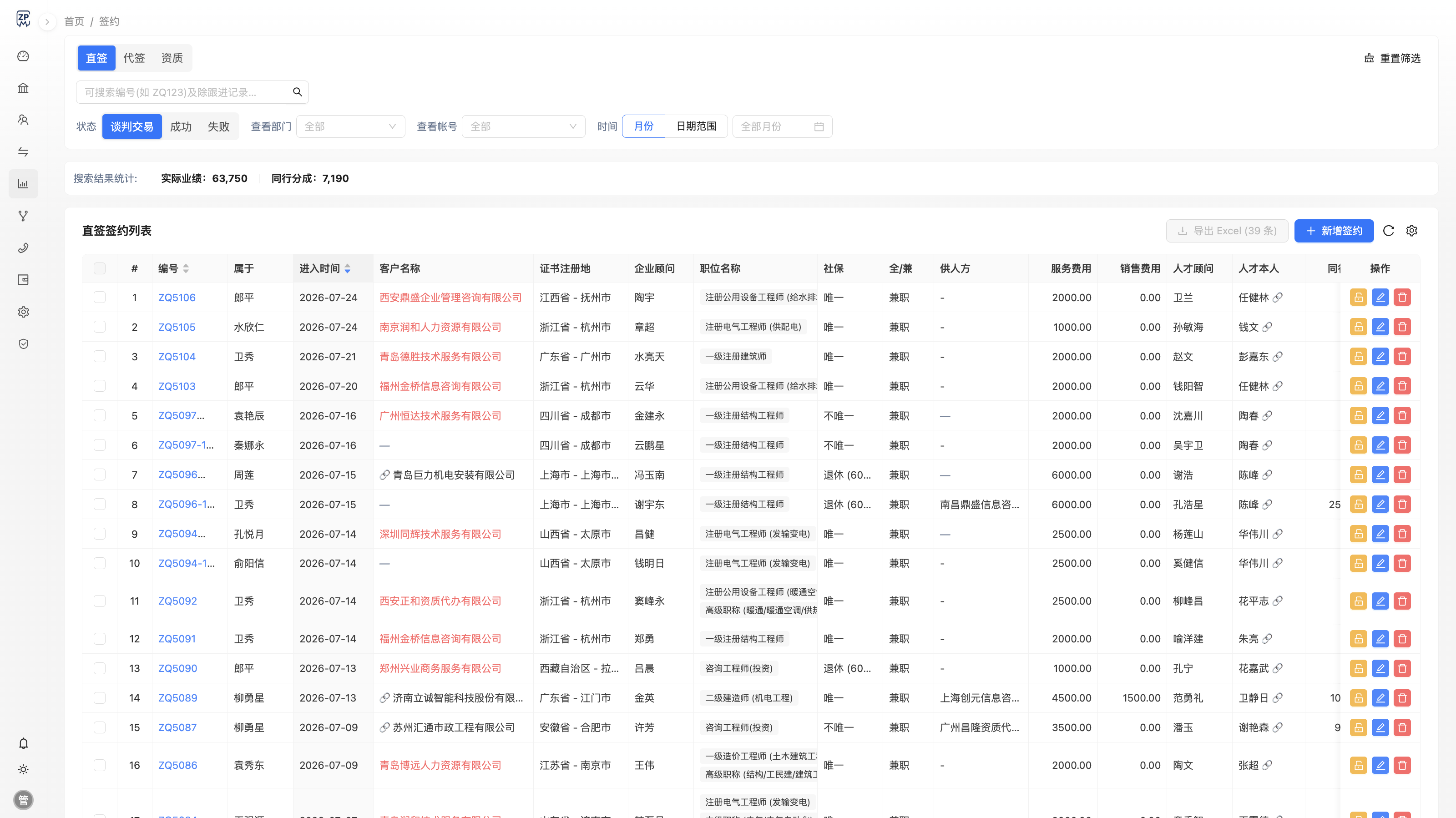 筑聘CRM 签约管理：直签代签资质分开管理，费用业绩自动汇总
