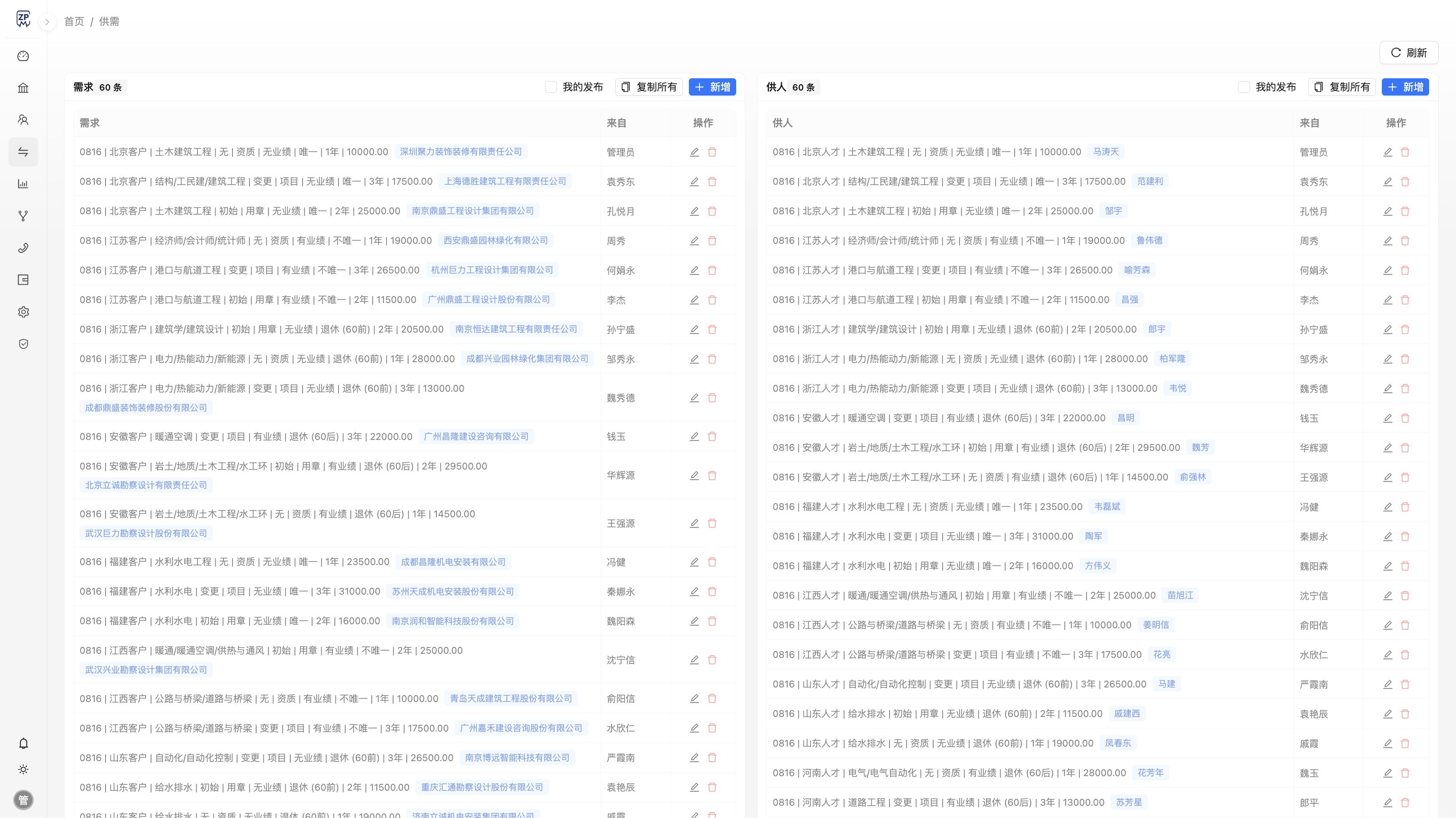 筑聘CRM 供需匹配：需求与供人两栏对照，点一侧即筛出另一侧候选